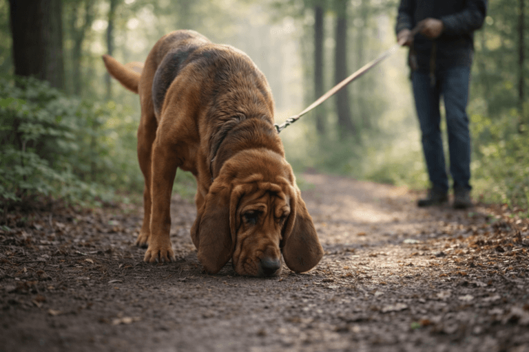 Bloodhound tracking a scent on a forest trail during a walk