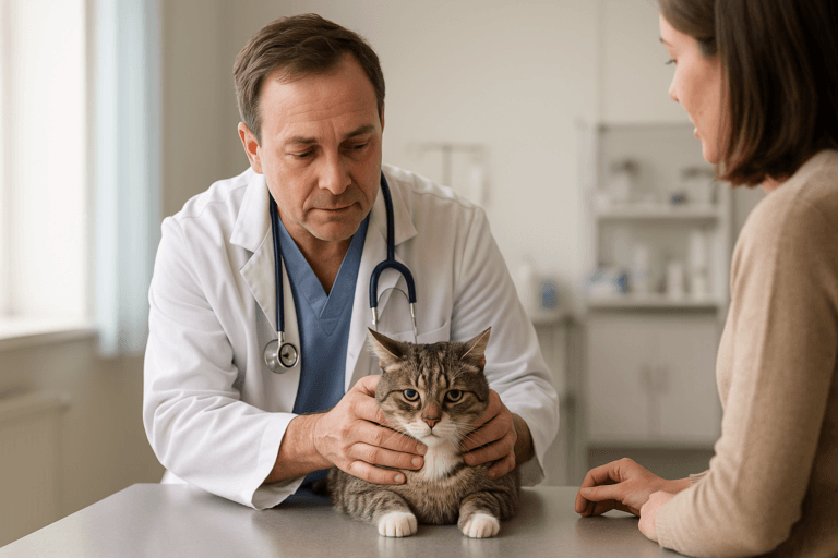 Veterinarian gently examining a sick cat for vomiting in a clinic.