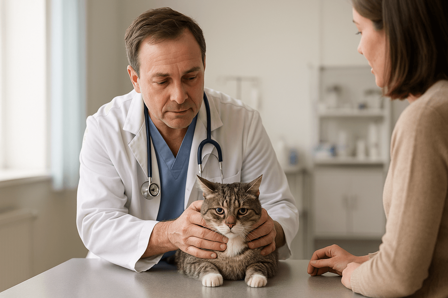 Veterinarian gently examining a sick cat for vomiting in a clinic.