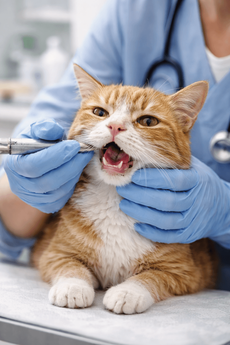 Cat with feline calicivirus symptoms being examined by a veterinarian