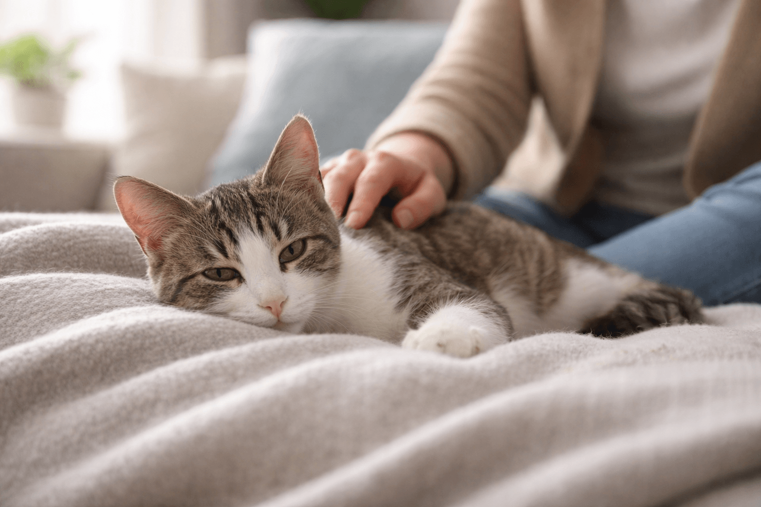 Cat resting on blanket with caring owner nearby during FIP treatment