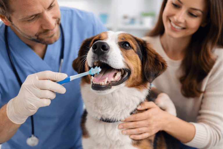 Veterinarian and owner performing dog dental care at home style toothbrushing
