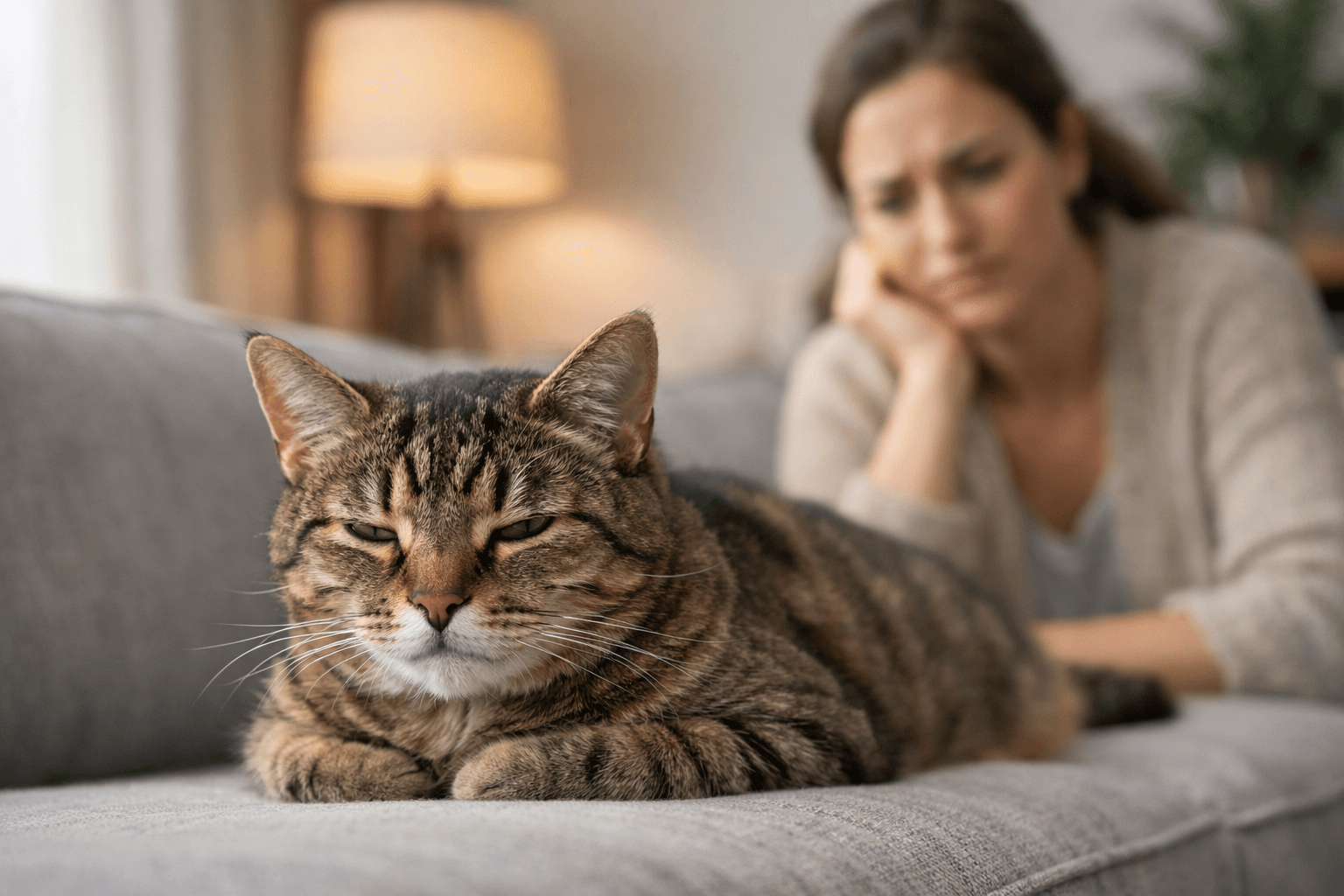 Subtle signs of pain in a calm adult cat resting on a sofa