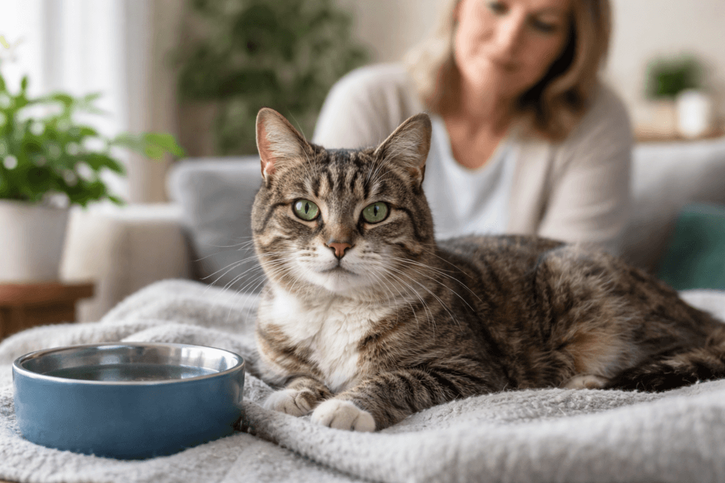 Senior cat resting comfortably on a sofa while owner gently watches, representing kidney disease care and monitoring.