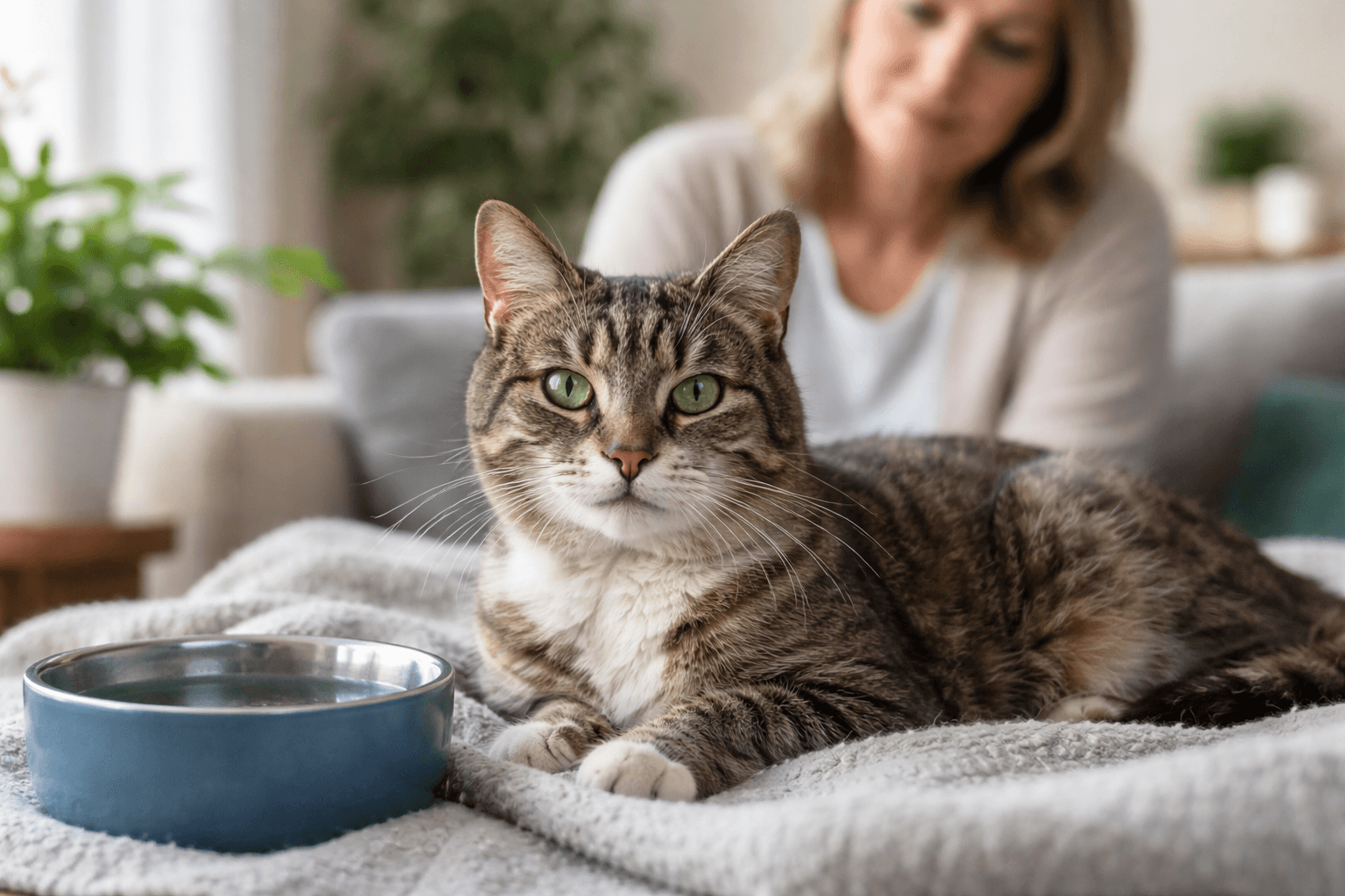 Senior cat resting comfortably on a sofa while owner gently watches, representing kidney disease care and monitoring.