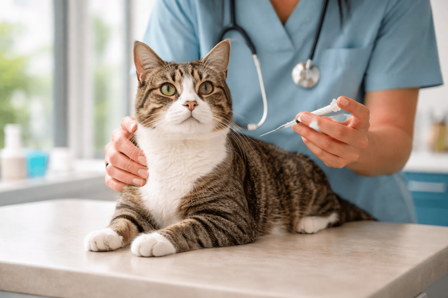 Calm adult cat on a veterinary exam table while a vet prepares a vaccine injection