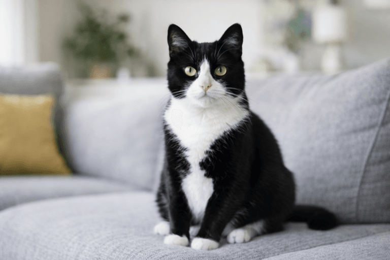 Friendly tuxedo cat sitting on a soft grey sofa in a bright modern living room, looking at the camera with green eyes.