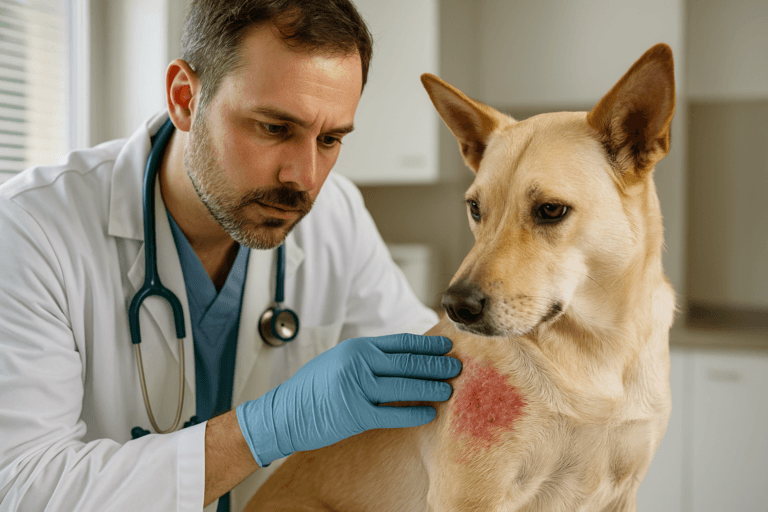 Dog skin allergy examination — veterinarian checking itchy dog, 2025 dermatology guide.