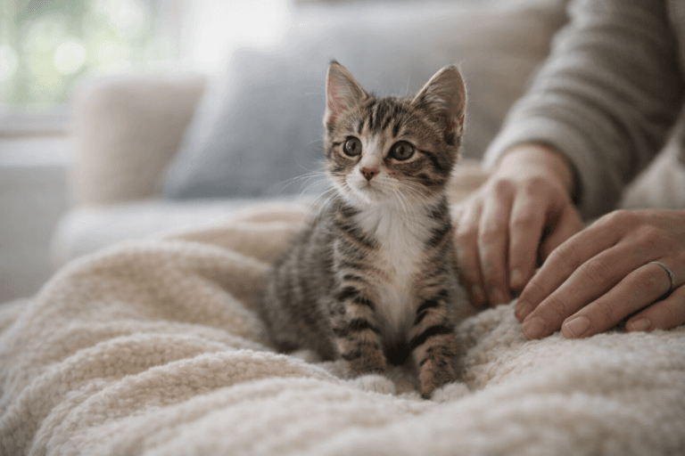 Curious healthy kitten on a blanket with owner nearby
