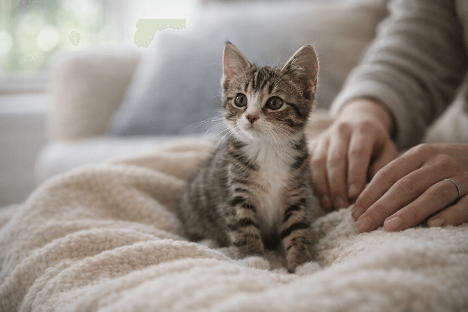 Curious healthy kitten on a blanket with owner nearby