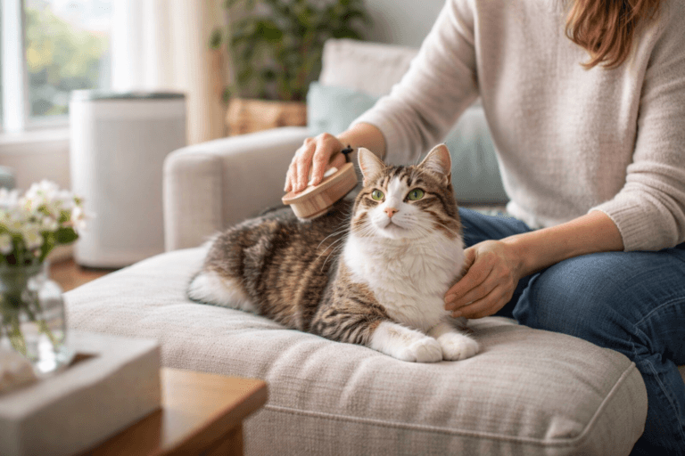 Owner brushing a calm cat in a bright living room to reduce allergens and support allergy-friendly care