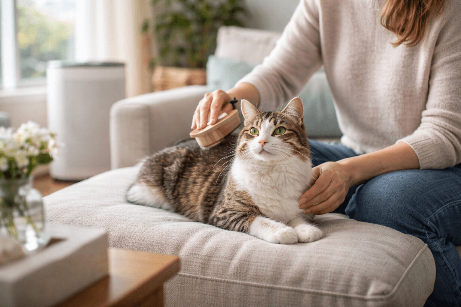 Owner brushing a calm cat in a bright living room to reduce allergens and support allergy-friendly care