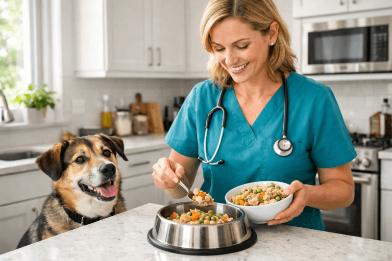 Veterinarian preparing a healthy homemade dog food bowl for a happy dog in a modern kitchen