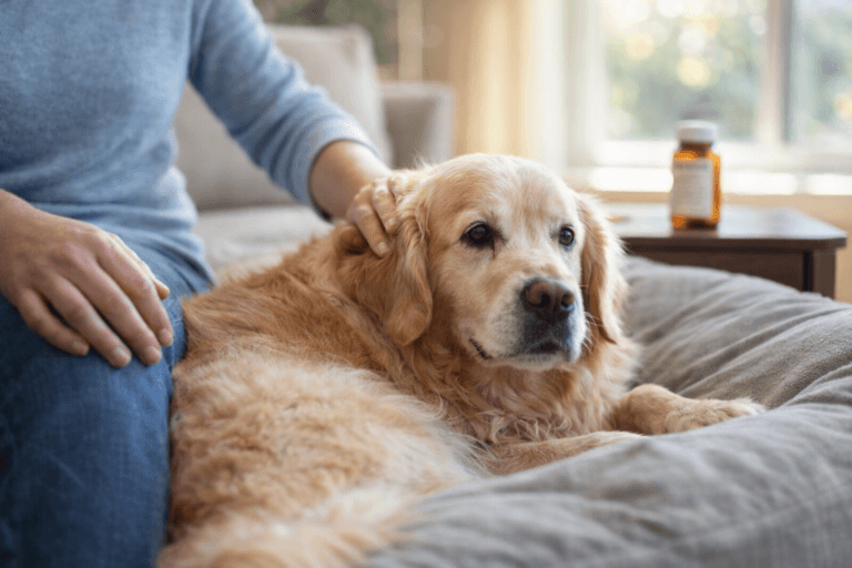 Dog resting comfortably on a bed while owner sits nearby after receiving gabapentin for chronic pain.