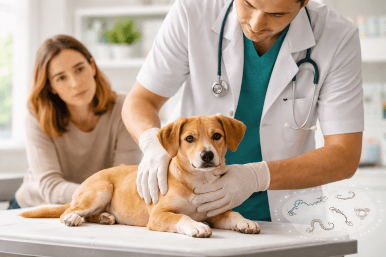 Veterinarian examining a dog for worms during a clinic visit
