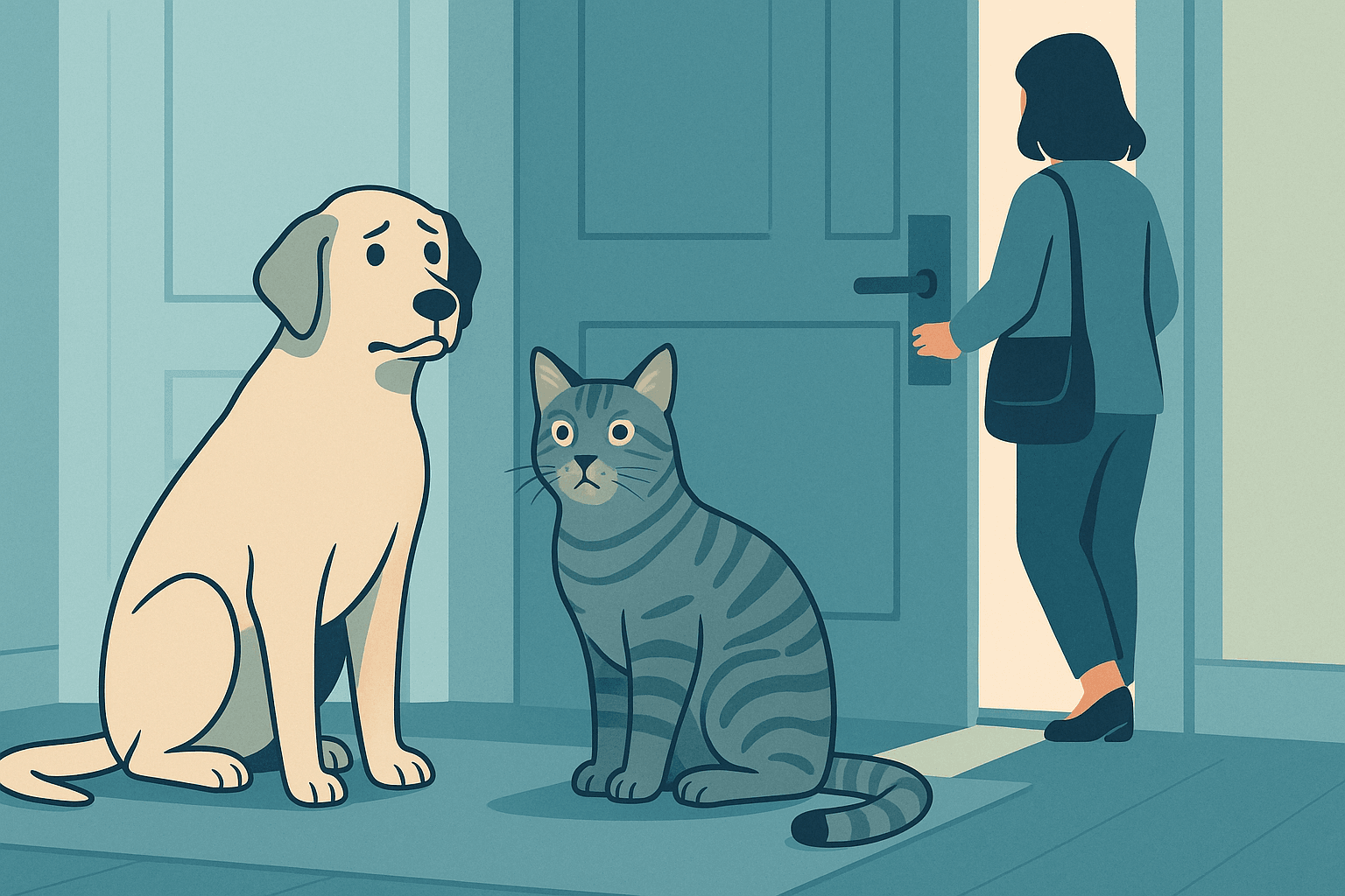 Dog and cat showing signs of separation anxiety as owner leaves the house