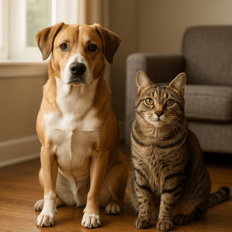 Dog and cat showing common pet behavior problems at home, photographed in natural light.