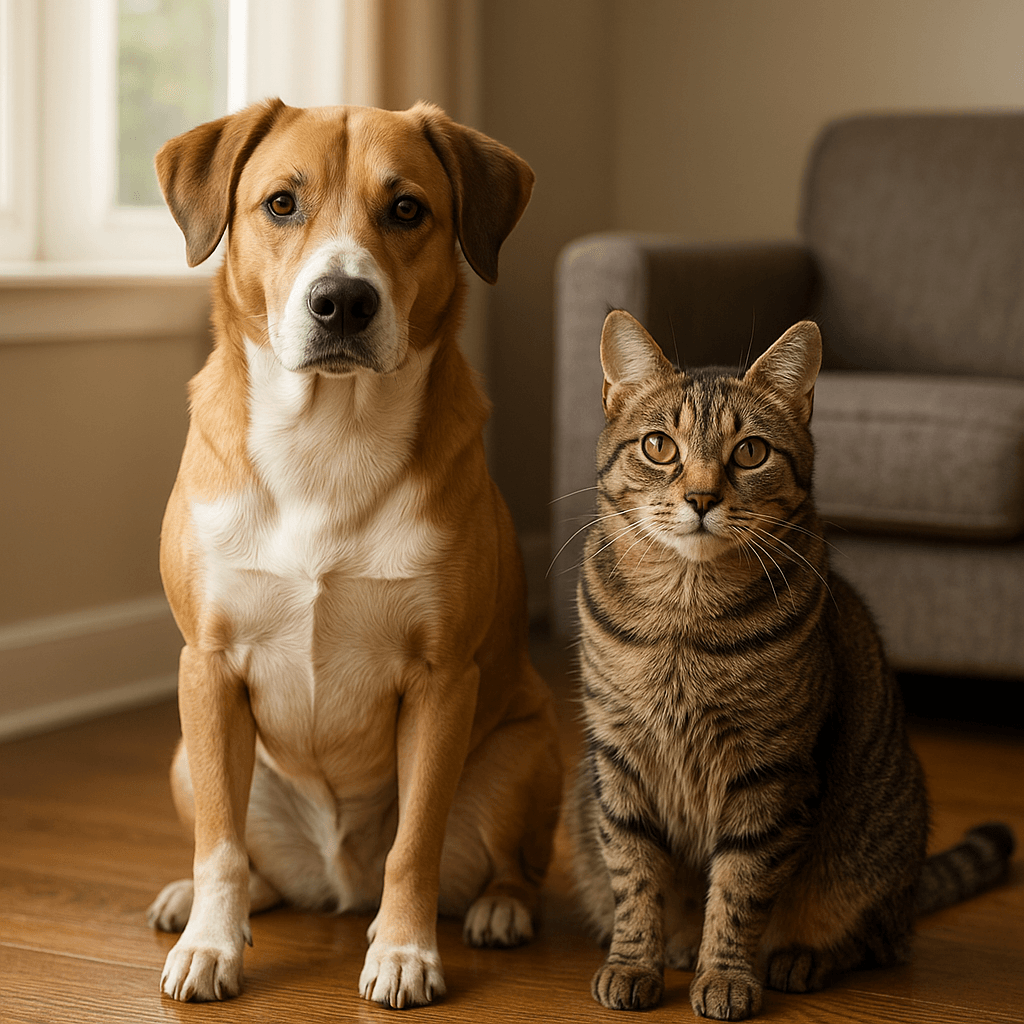 Dog and cat showing common pet behavior problems at home, photographed in natural light.