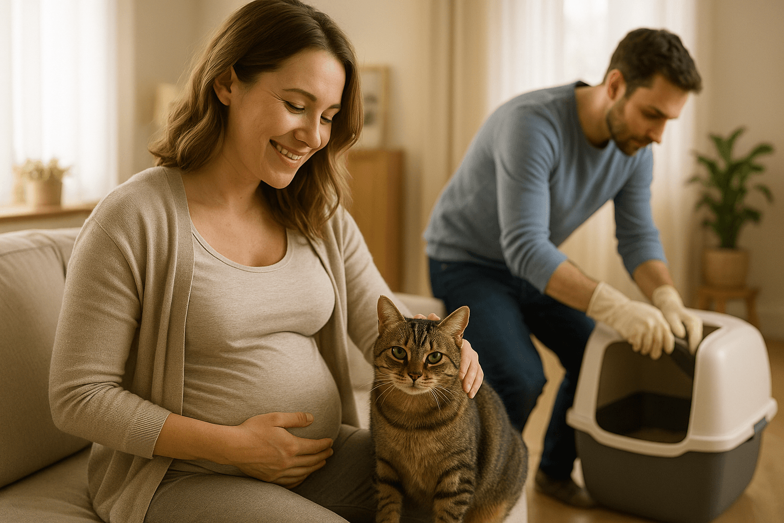 Pregnant woman sitting with her cat near a litter box, illustrating myths about cats and infertility in women.