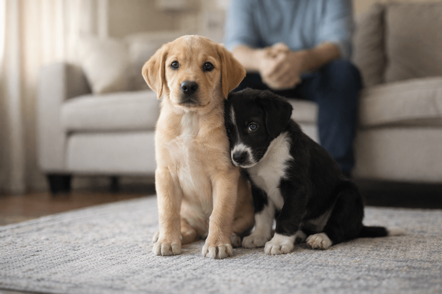 Two sibling dogs on a rug showing different confidence levels, illustrating littermate syndrome in dogs