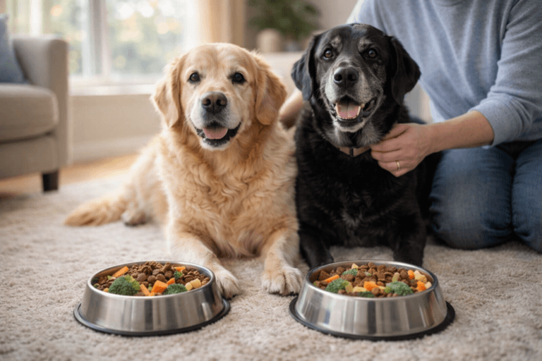 Happy senior dogs eating a balanced vet-approved diet at home