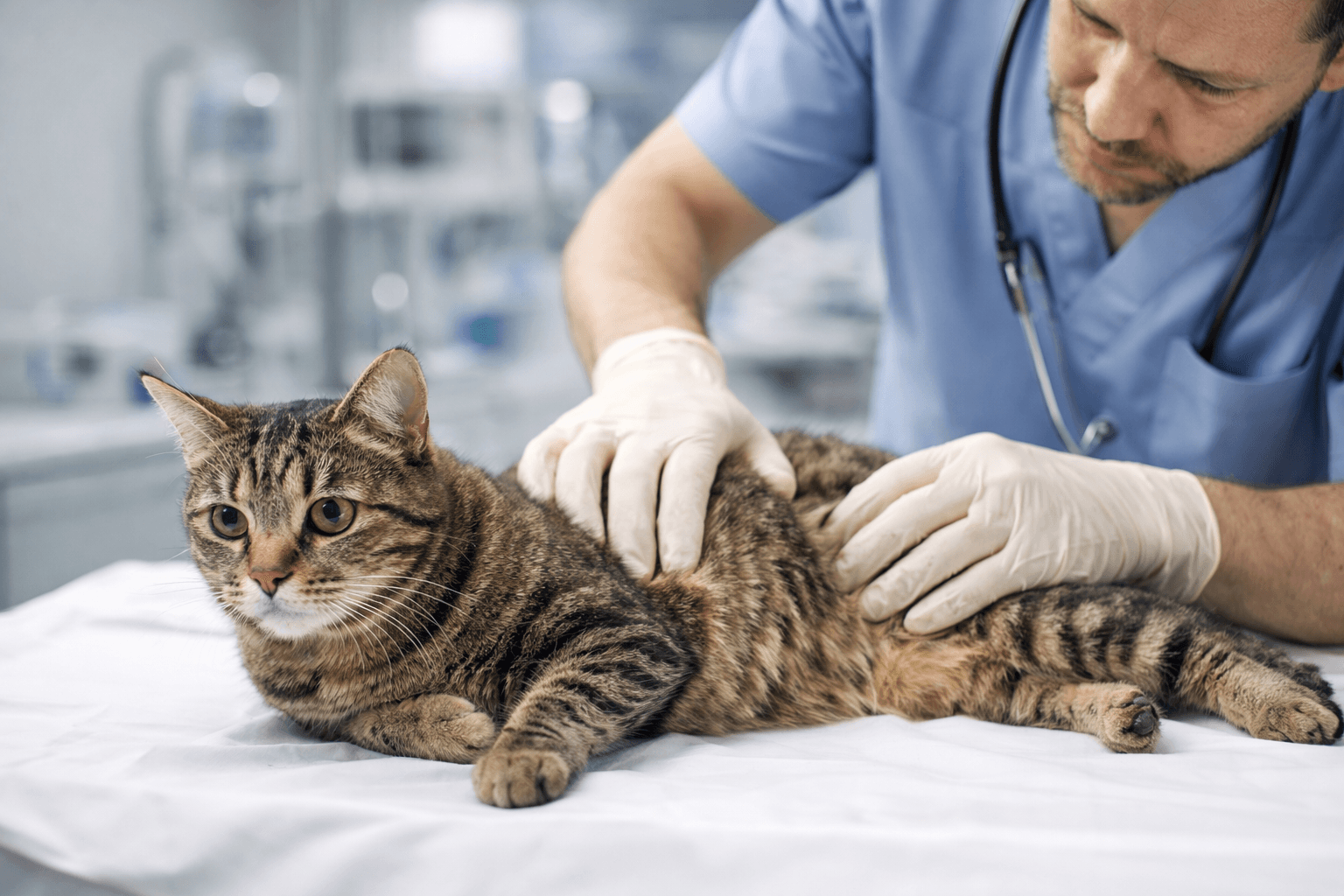 Veterinarian examining a female cat for possible pyometra at the clinic