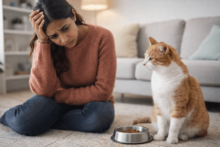 Worried cat owner sitting beside a full food bowl while her adult cat turns away uninterested in a bright living room, illustrating a cat not eating.