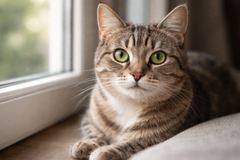 Bright green eyes of a healthy adult cat sitting on a windowsill, showing clear, normal feline eyes.