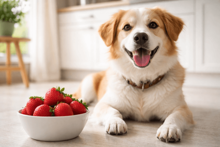 Dog sitting beside a bowl of strawberries – can dogs eat strawberries safely
