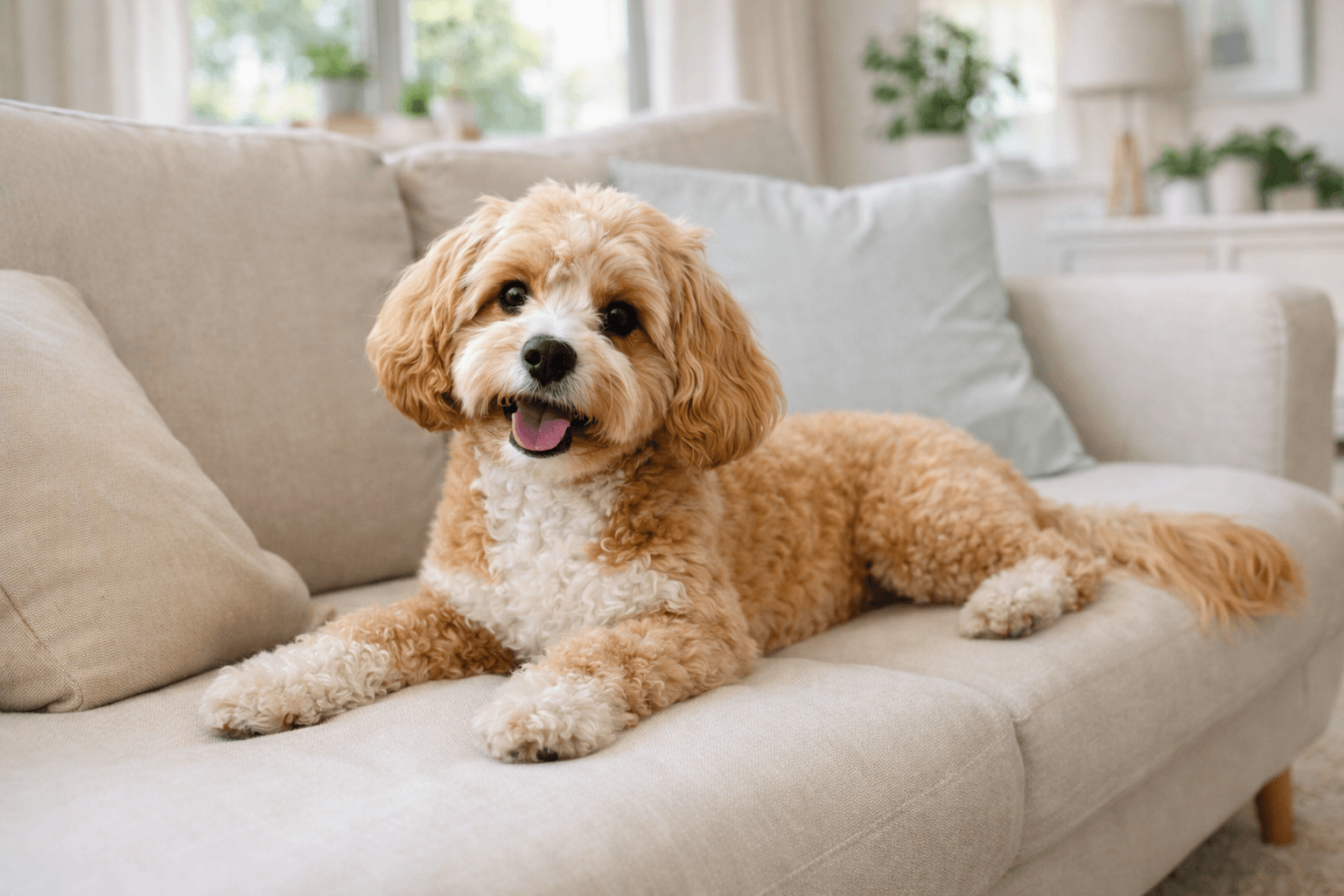 Cavapoo dog sitting on a sofa looking at the camera