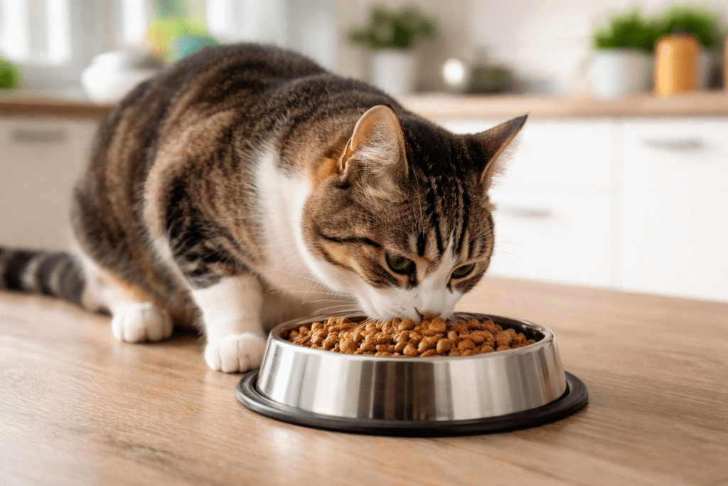 Healthy adult cat eating a balanced diet from a stainless steel bowl in a modern kitchen