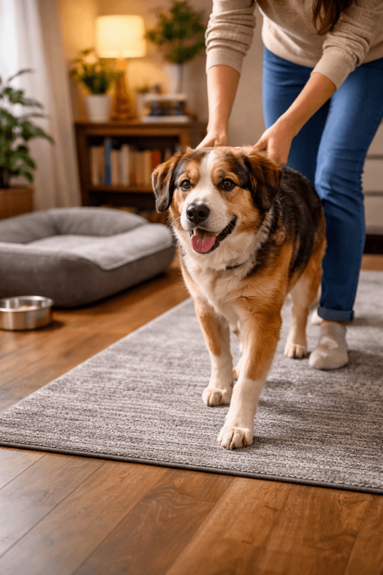 Senior dog with arthritis walking on a non-slip rug beside owner at home