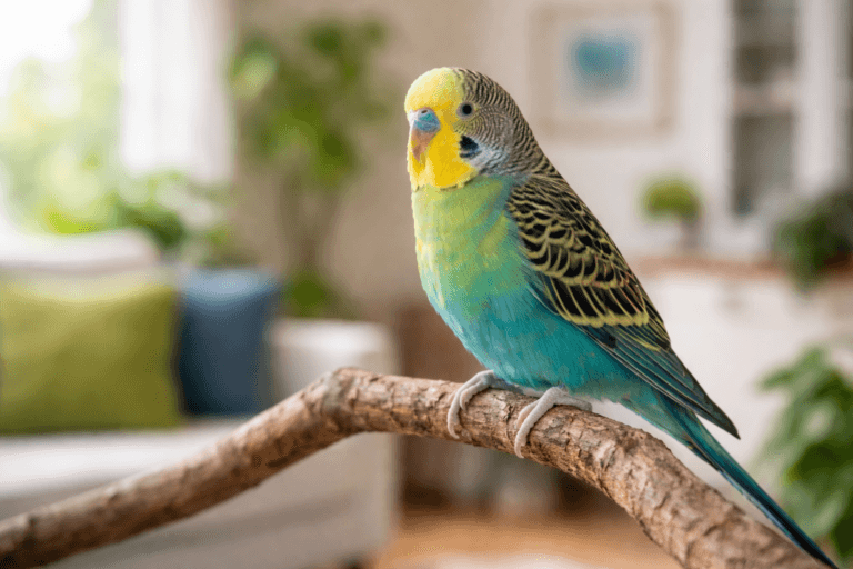 Colorful budgie perched on a natural wood branch in a bright living room