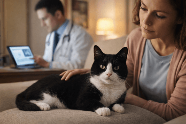 Middle-aged tuxedo cat being discussed with a veterinarian about its health and lifespan.