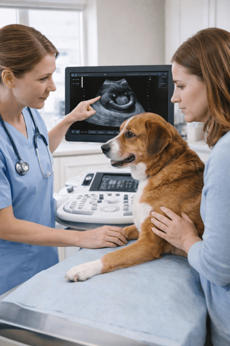 Veterinarian showing a dog owner an ultrasound image while examining a female dog for pyometra.