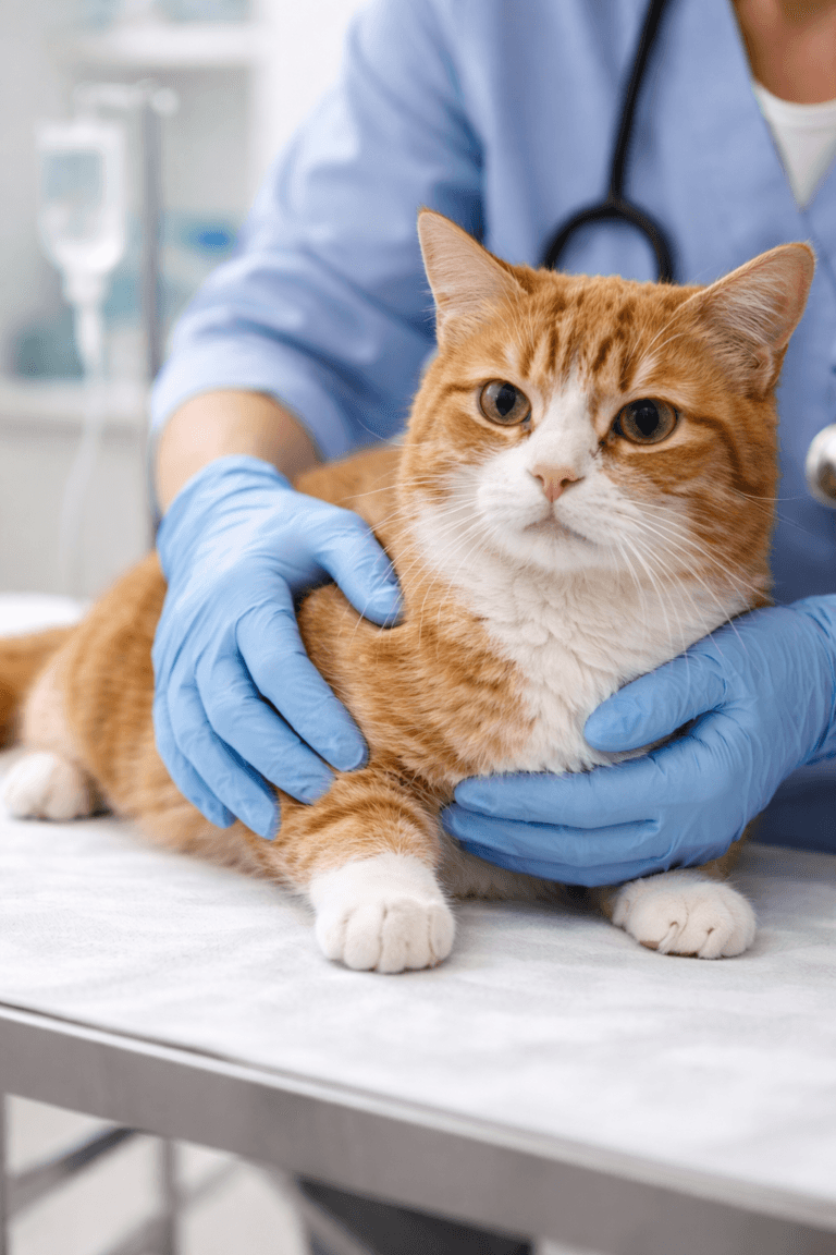 Veterinarian examining a cat with suspected urinary blockage on an exam table