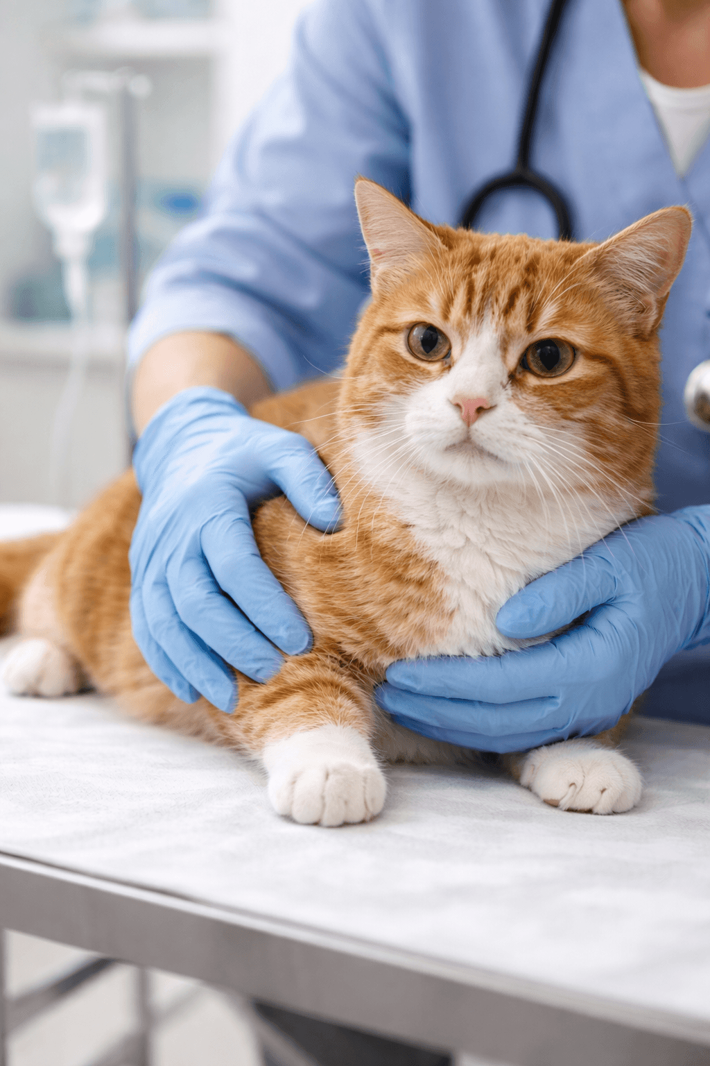 Veterinarian examining a cat with suspected urinary blockage on an exam table