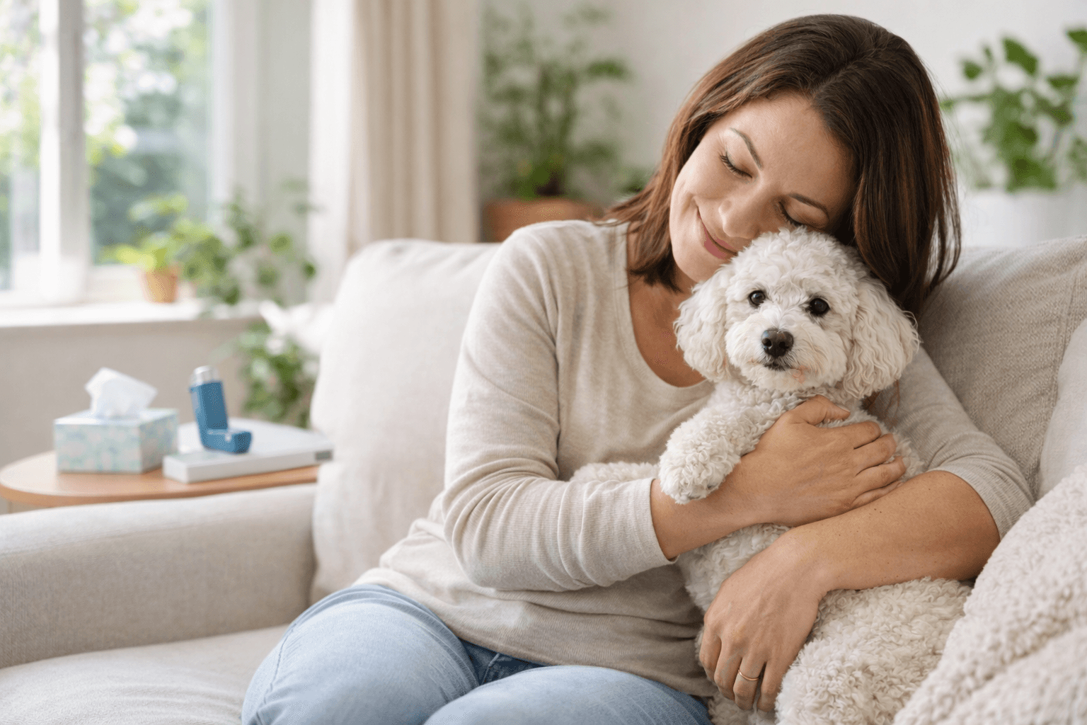 Hypoallergenic small dog cuddling with an allergy-prone owner in a bright living room