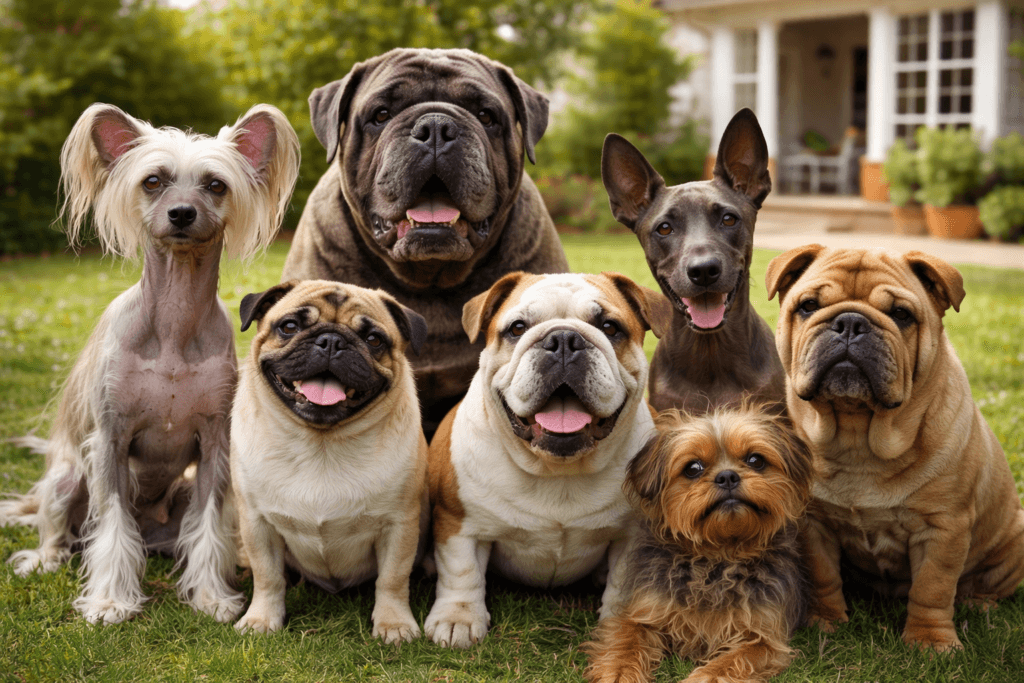 Group of so-called ugly but cute dog breeds in a sunny backyard