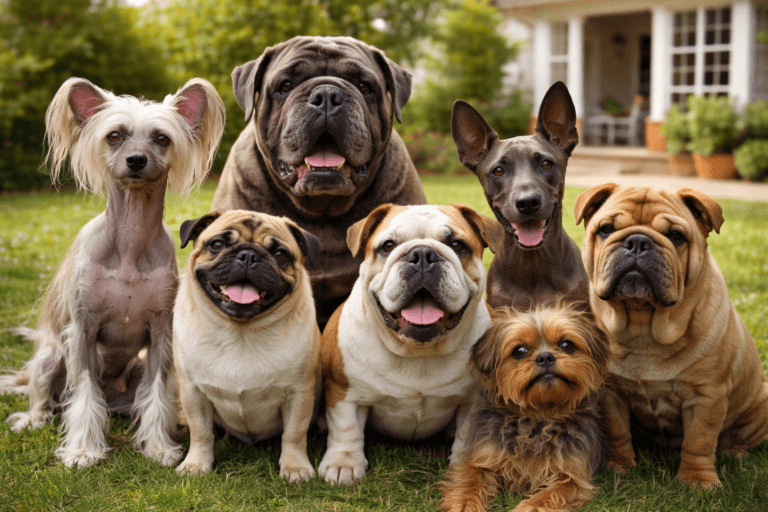 Group of so-called ugly but cute dog breeds in a sunny backyard