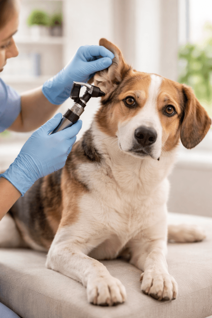 Veterinarian examining a dog’s ear for infection in a bright clinic