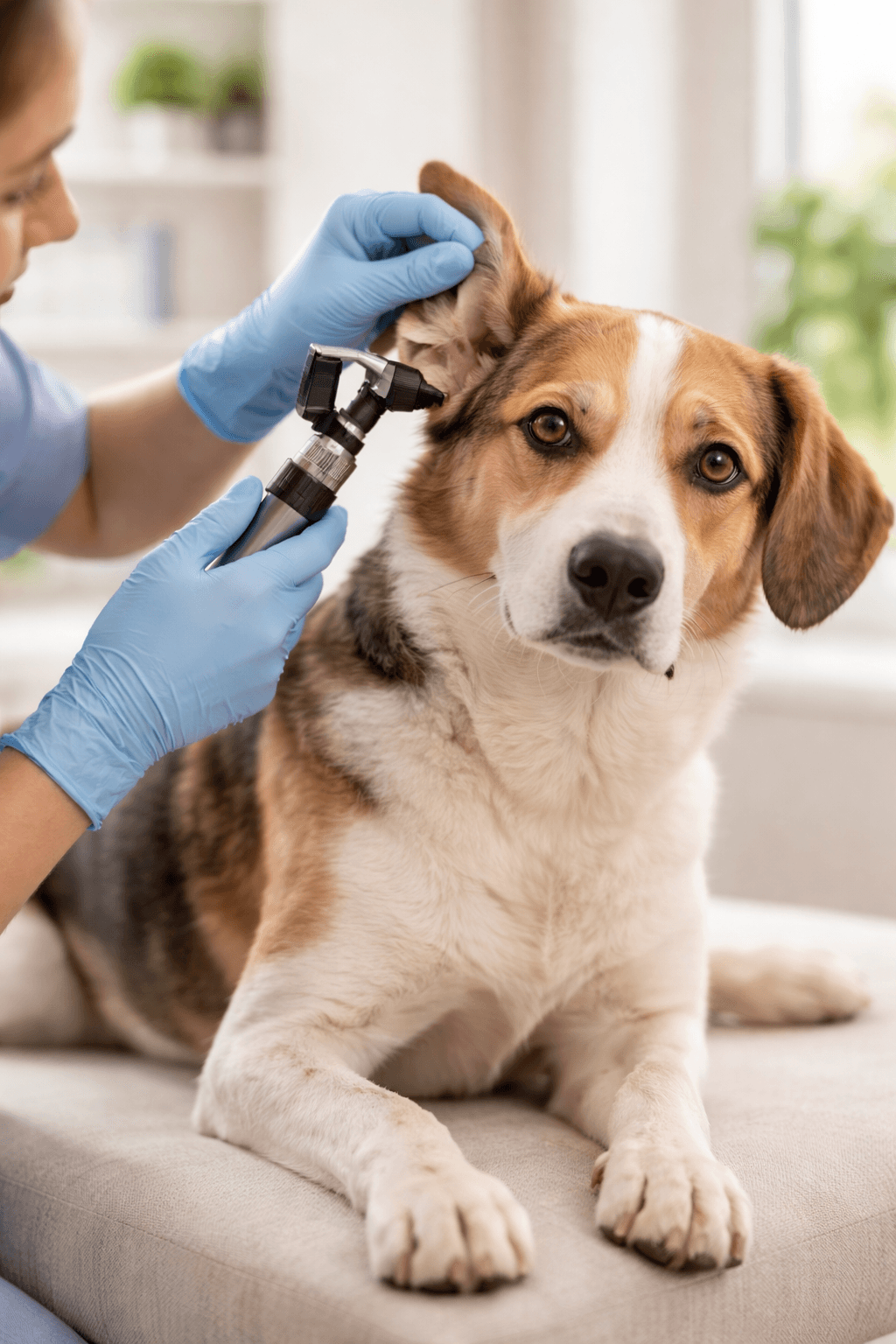 Veterinarian examining a dog’s ear for infection in a bright clinic