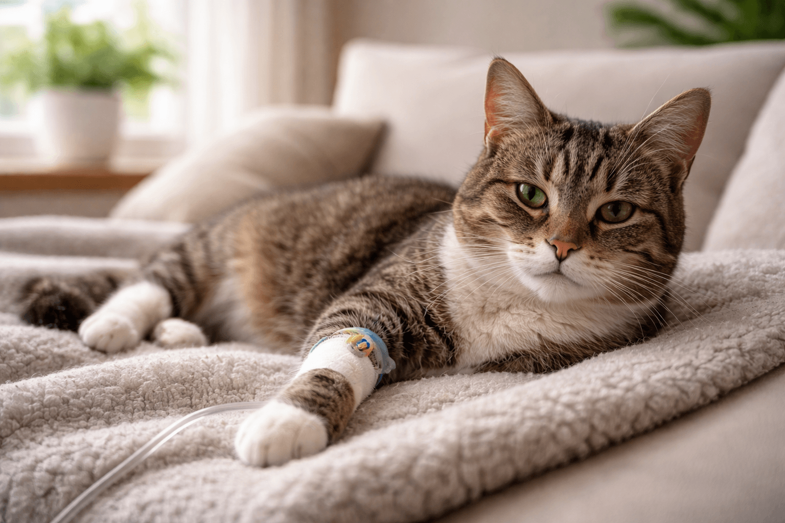 Domestic shorthair cat resting on a blanket after treatment for pancreatitis