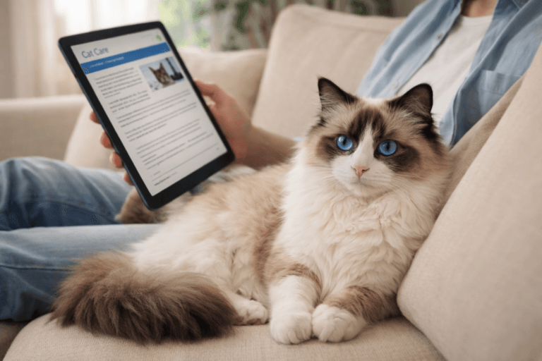 Adult Ragdoll cat relaxing on a sofa beside its owner