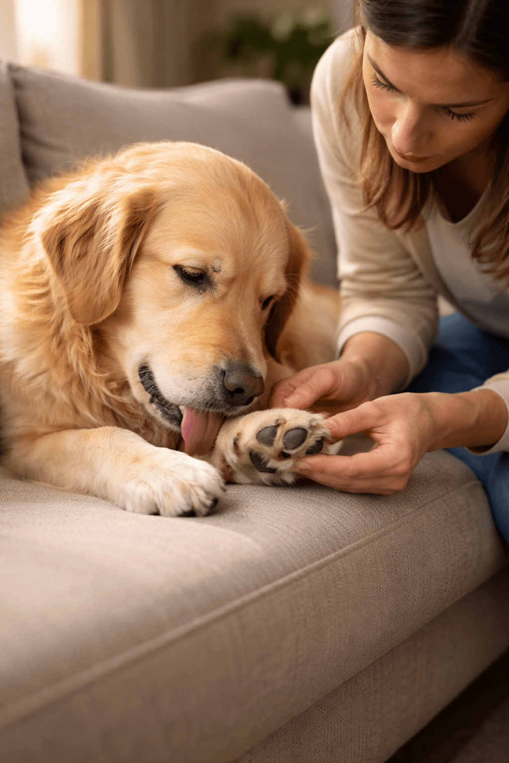 Dog licking his paw while owner checks for irritation