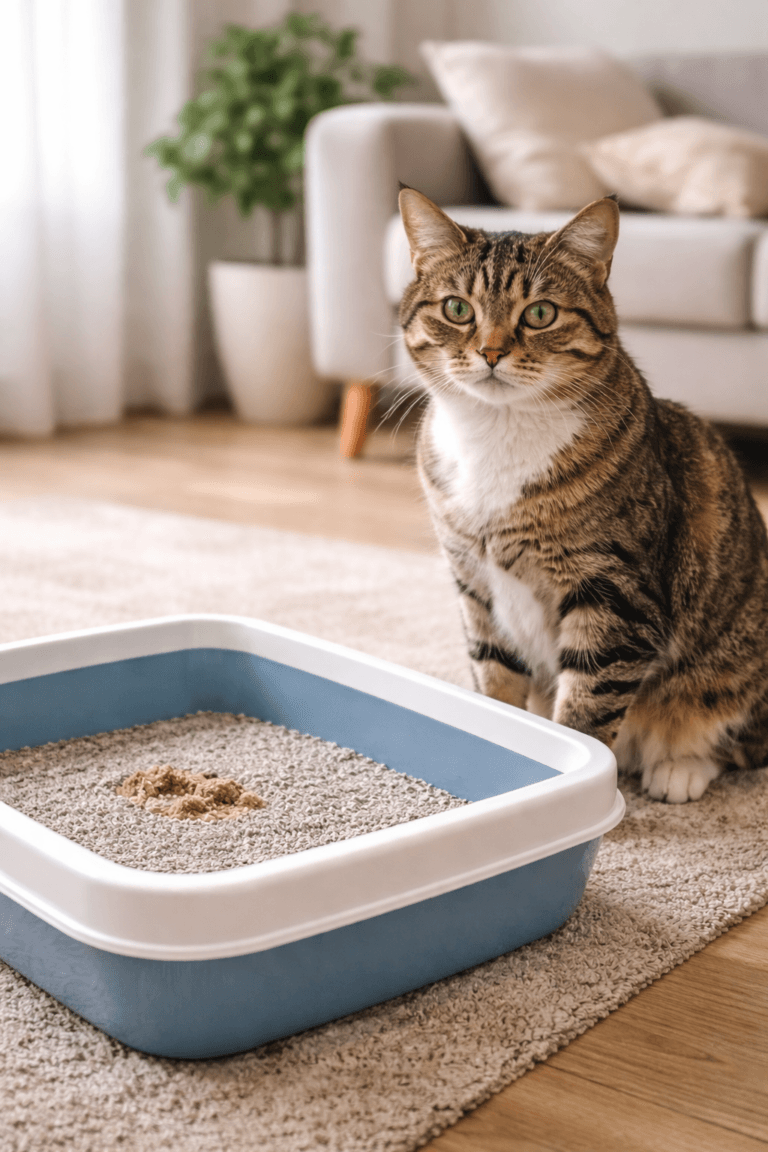 Concerned cat sitting next to a litter tray with loose stool