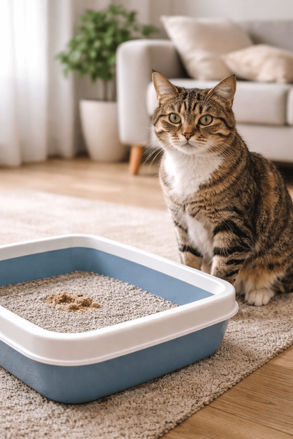 Concerned cat sitting next to a litter tray with loose stool