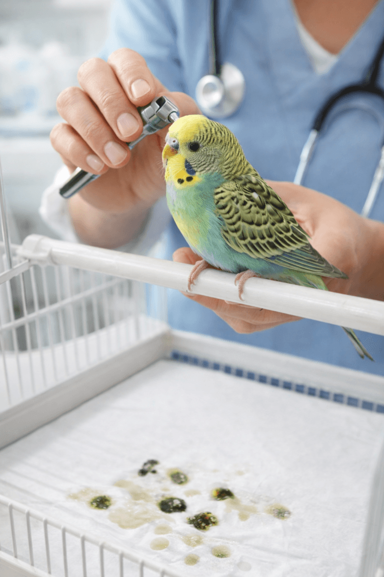 Budgie being examined by a veterinarian with normal droppings visible on cage paper