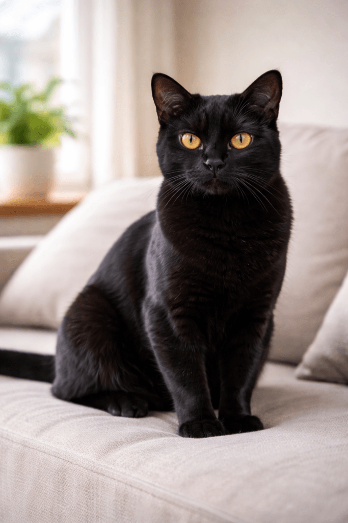 Bombay cat with glossy black coat and copper eyes sitting on a sofa