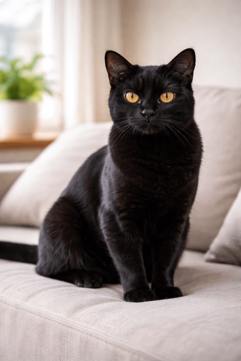 Bombay cat with glossy black coat and copper eyes sitting on a sofa